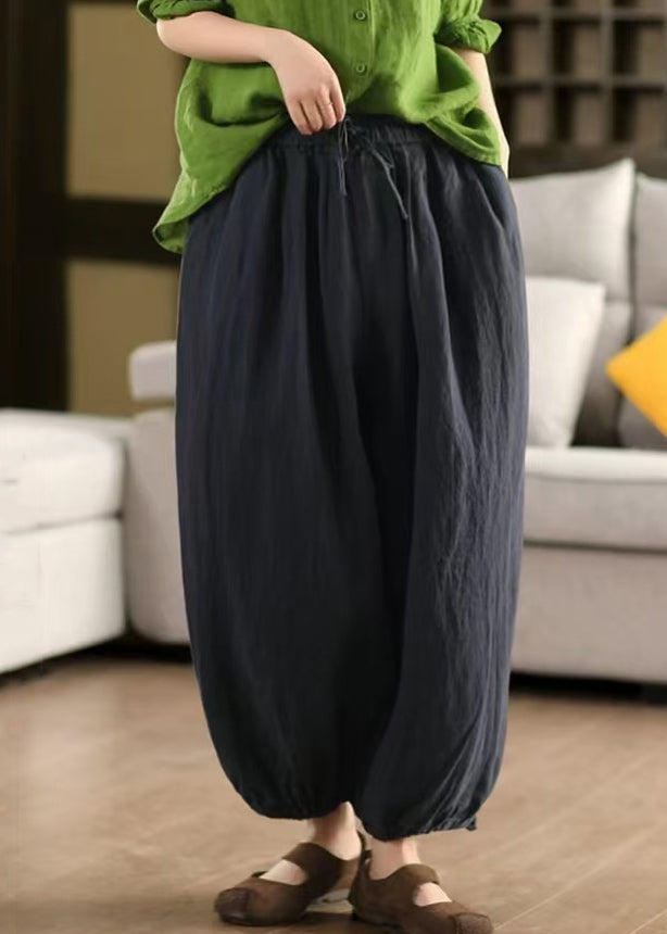 Pants Solid Summer LaceUp Elastic Linen Waist Green Crop