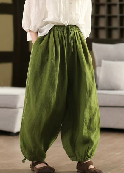 Pants Solid Summer LaceUp Elastic Linen Waist Green Crop