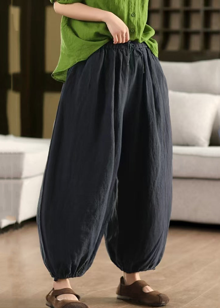 Pants Solid Summer LaceUp Elastic Linen Waist Green Crop