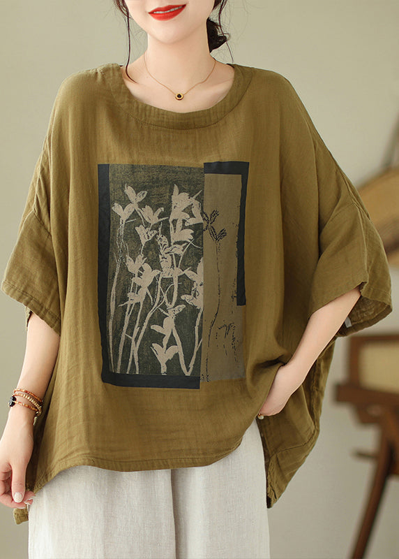 Design Batwing Low t Shirts Cotton High O Neck Green Sleeve Top