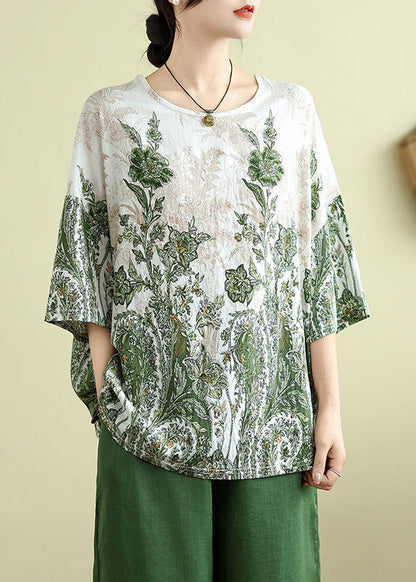 Summer Loose Top Green O-Neck Patchwork
