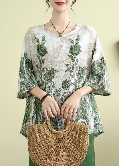 Summer Loose Top Green O-Neck Patchwork
