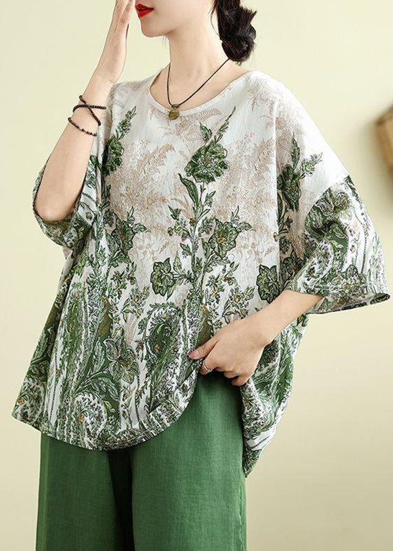 Summer Loose Top Green O-Neck Patchwork