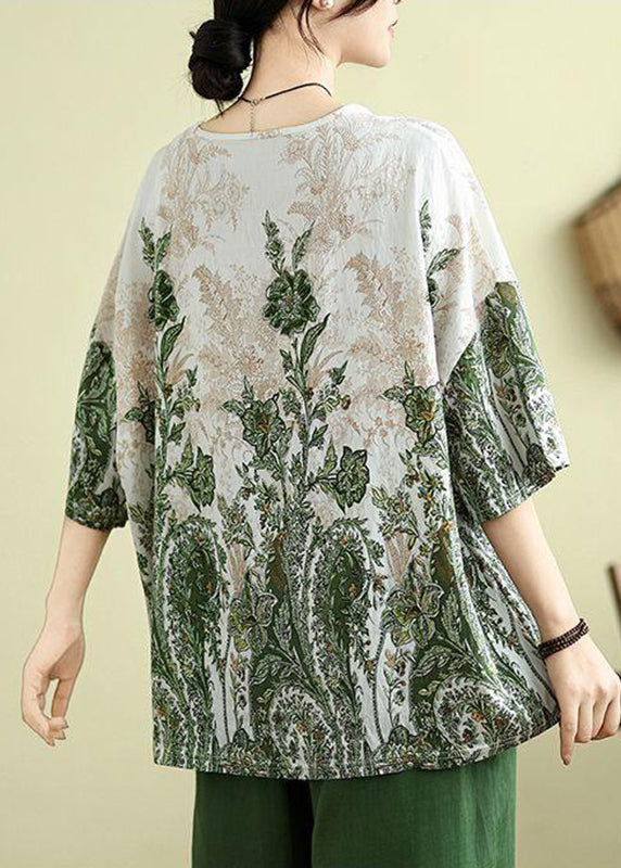 Summer Loose Top Green O-Neck Patchwork