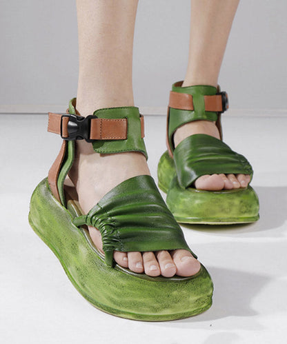 Vintage Green Leather Platform Splicing Sandals Cowhide