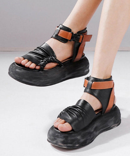 Vintage Green Leather Platform Splicing Sandals Cowhide