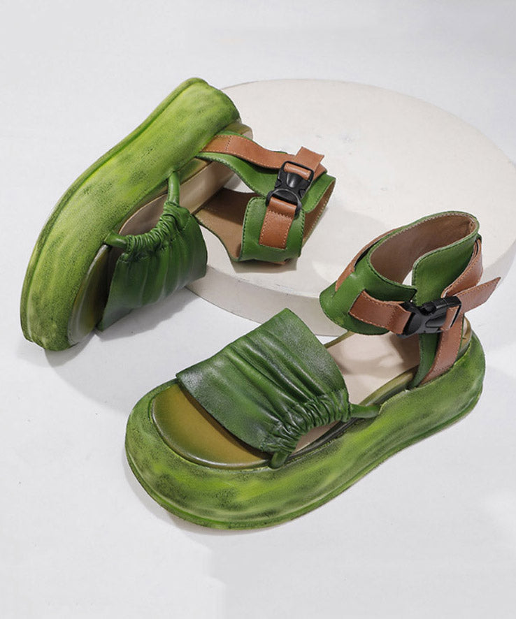 Vintage Green Leather Platform Splicing Sandals Cowhide