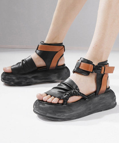 Vintage Green Leather Platform Splicing Sandals Cowhide