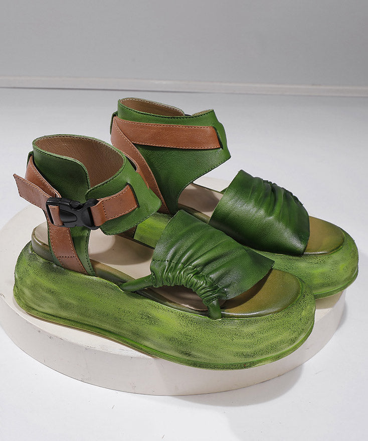 Vintage Green Leather Platform Splicing Sandals Cowhide