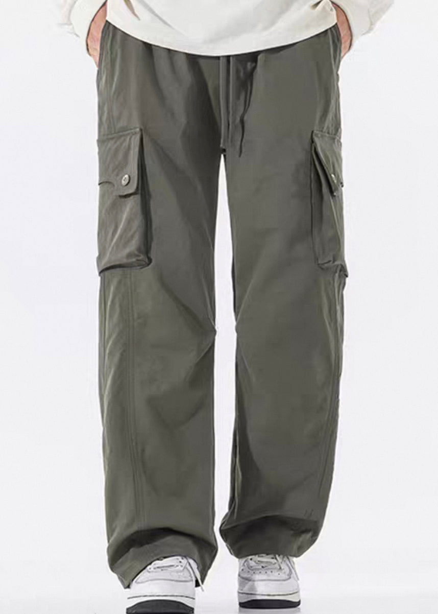 Men Pockets Pants Waist Casual Spring Elastic Cotton Green