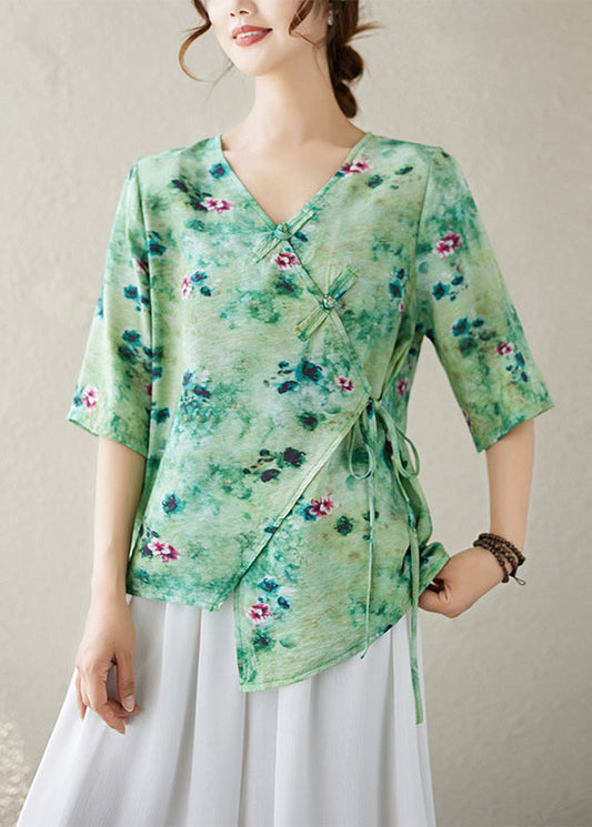 V Summer Top Neck Blouse Up Print Green Lace Cotton