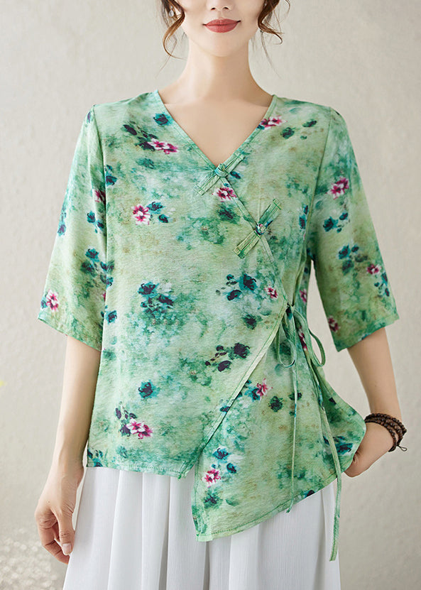 V Summer Top Neck Blouse Up Print Green Lace Cotton