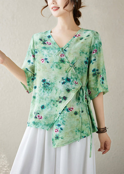 V Summer Top Neck Blouse Up Print Green Lace Cotton