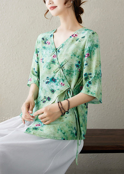 V Summer Top Neck Blouse Up Print Green Lace Cotton