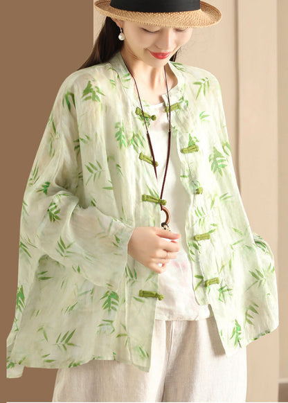 Blouses Button Oversized Summer Green Print Chinese Linen