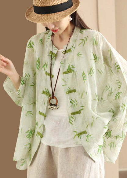 Blouses Button Oversized Summer Green Print Chinese Linen