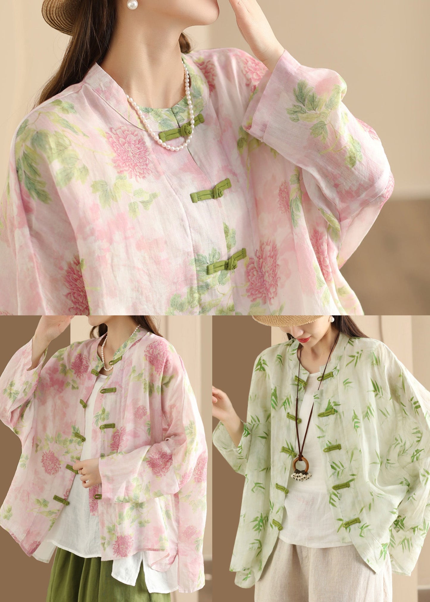 Blouses Button Oversized Summer Green Print Chinese Linen