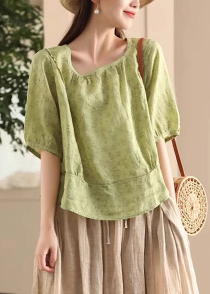 Sides Green Wear Print Both Sleeve Half Shirt On Button Linen