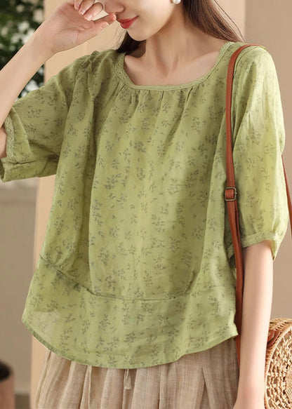 Sides Green Wear Print Both Sleeve Half Shirt On Button Linen