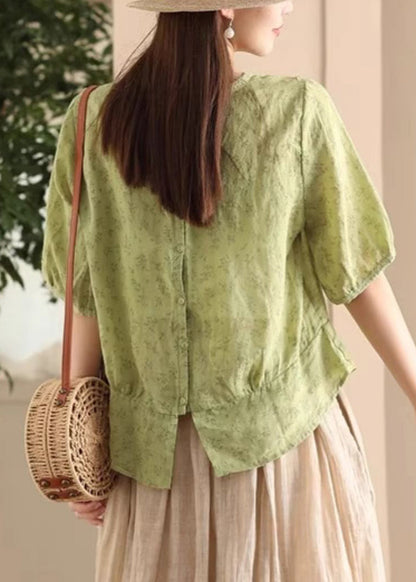 Sides Green Wear Print Both Sleeve Half Shirt On Button Linen