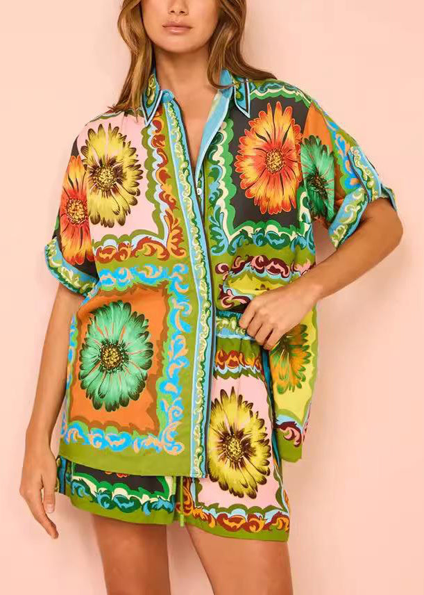 With Two Set Green Pieces Printed And Shorts Short Chrysanthemum