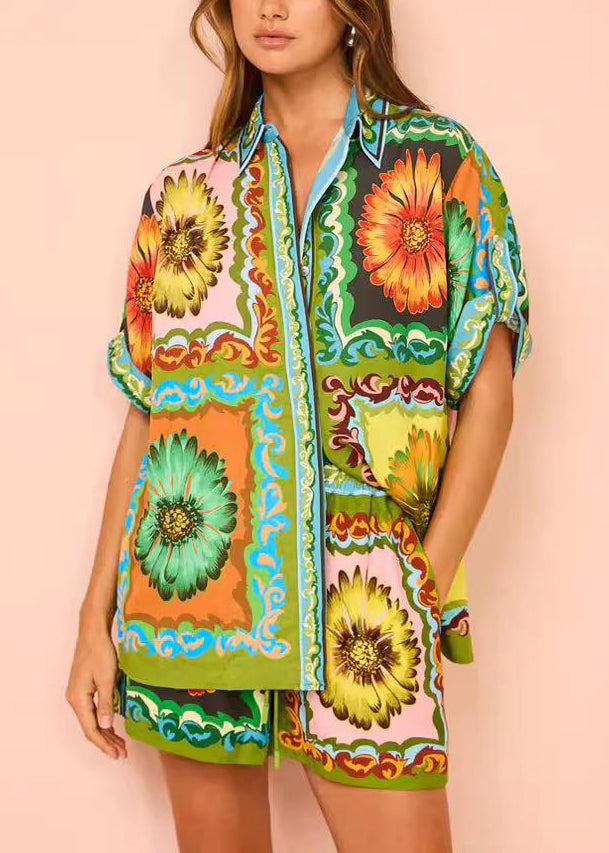 With Two Set Green Pieces Printed And Shorts Short Chrysanthemum