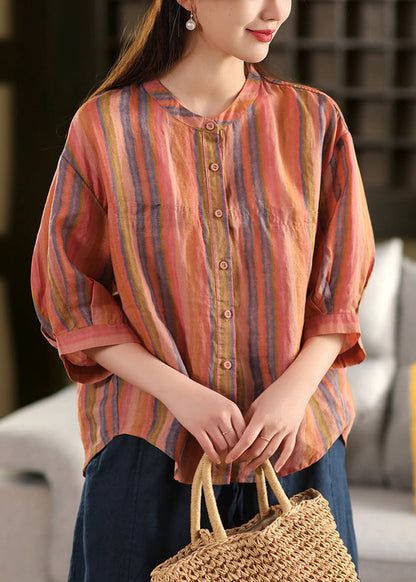 Stripe O Sleeve Linen Bracelet Neck Green Shirts