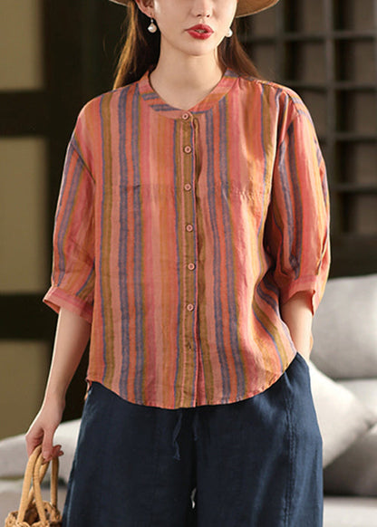 Stripe O Sleeve Linen Bracelet Neck Green Shirts