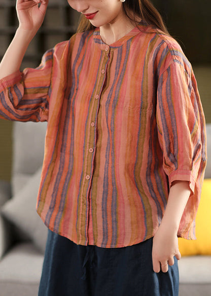 Stripe O Sleeve Linen Bracelet Neck Green Shirts