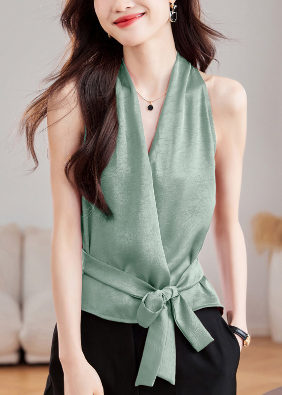 Waist Neck V Summer Tie Solid Green Tank Silk