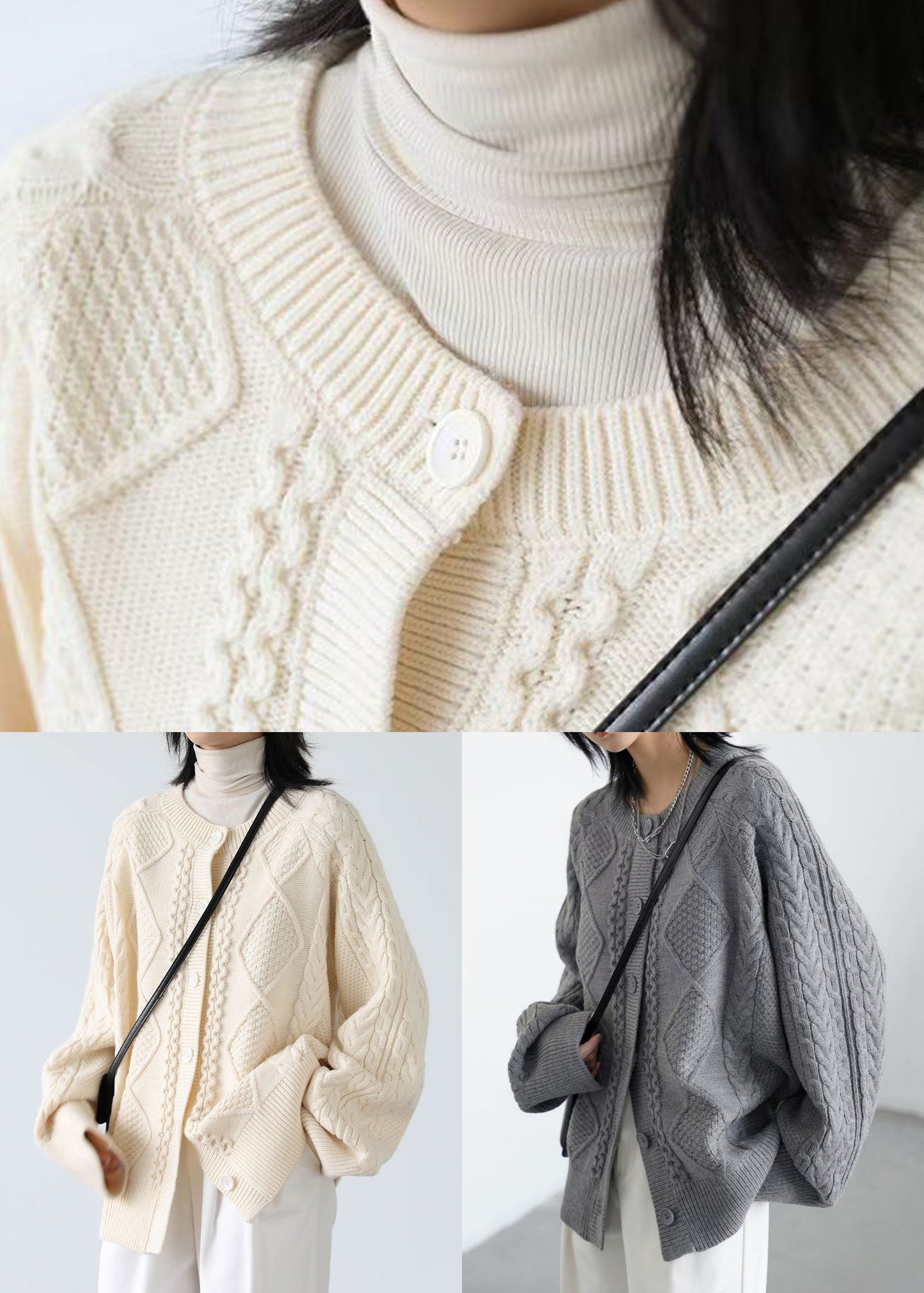 Grey Button Cozy Loose Knit Coat O Neck Spring YW020