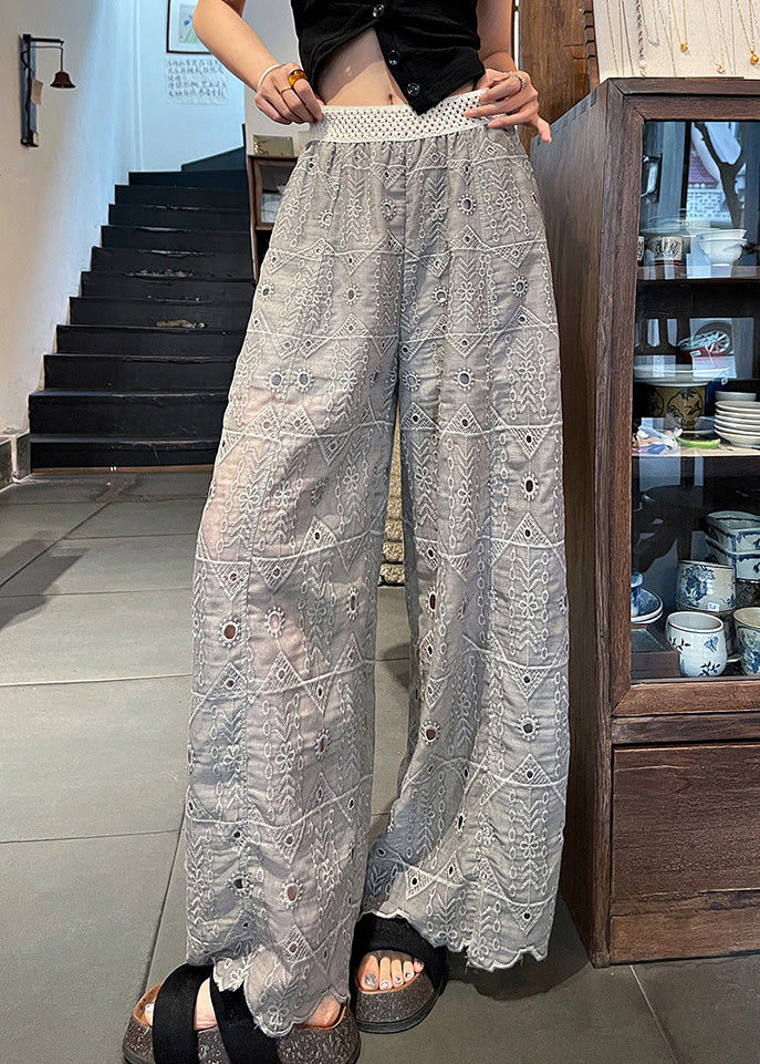 Trousers Grey Embroidered Out Summer Hollow Pants Straight