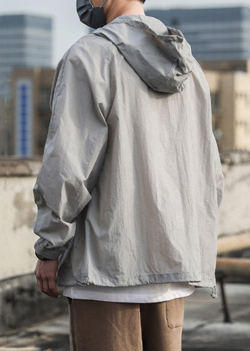 Pockets Summer Mens Hooded Drawstring Coat 50+ Grey UPF