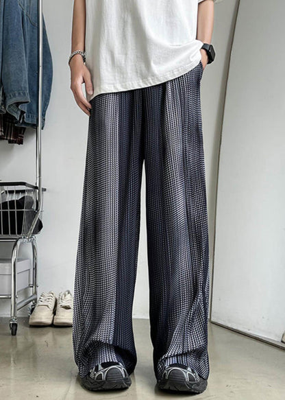 Summer Silk Elastic Grey Patchwork Waist Pants Pockets Men Ice