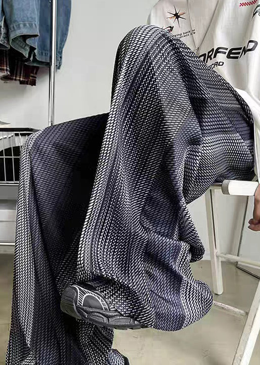 Summer Silk Elastic Grey Patchwork Waist Pants Pockets Men Ice