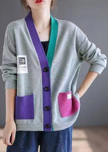 Cardigans Cotton V Spring Patchwork Pockets Loose Neck Grey