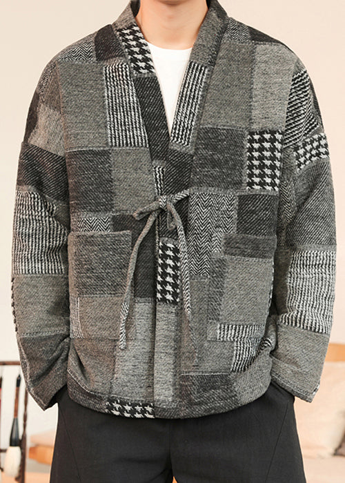 Grey Pockets Patchwork Woolen Men Coat V Neck Winter RO031