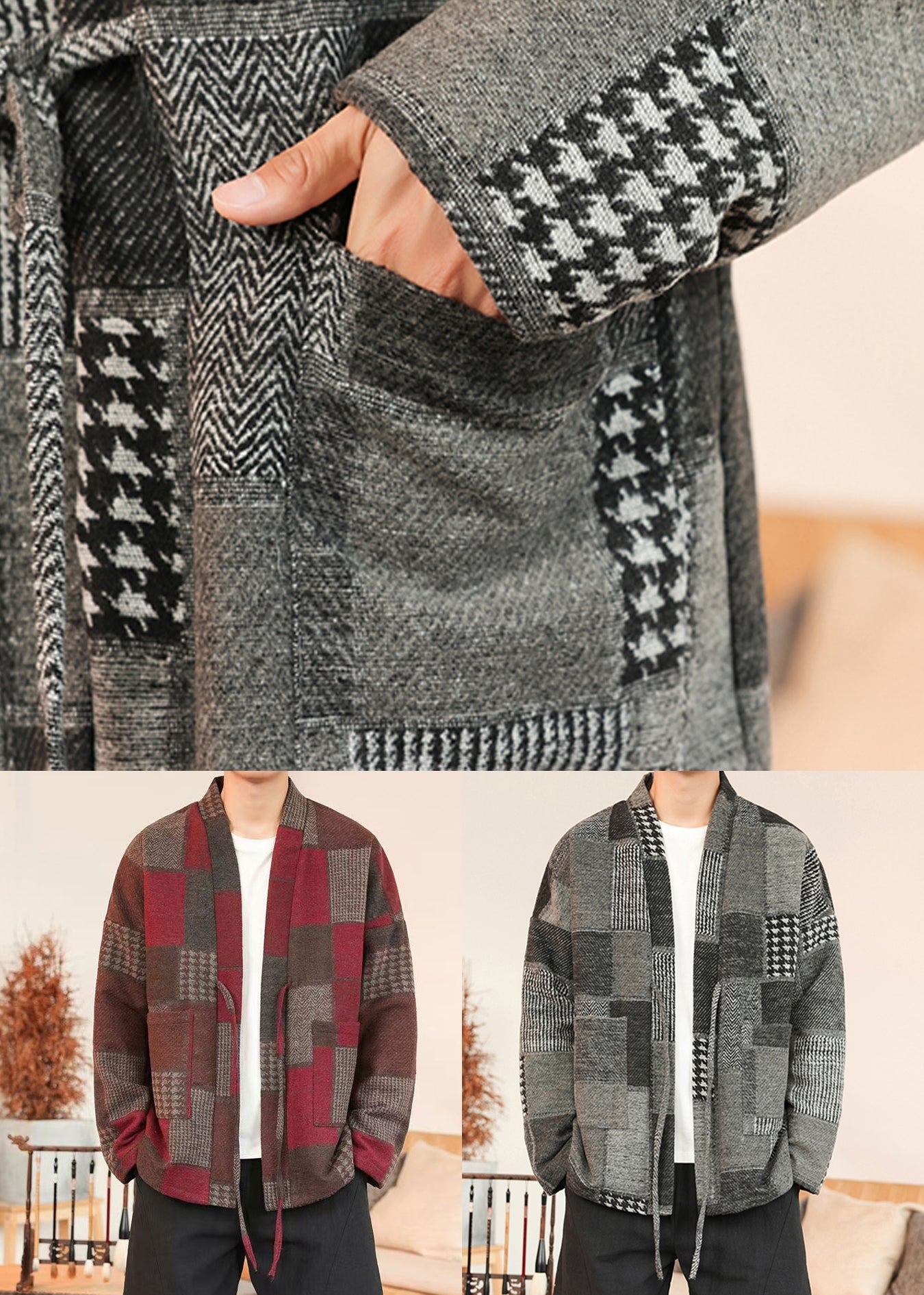 Grey Pockets Patchwork Woolen Men Coat V Neck Winter RO031