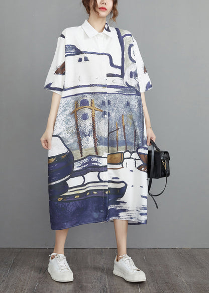 Print Summer Oversized Cotton Shirt Dresses Grey