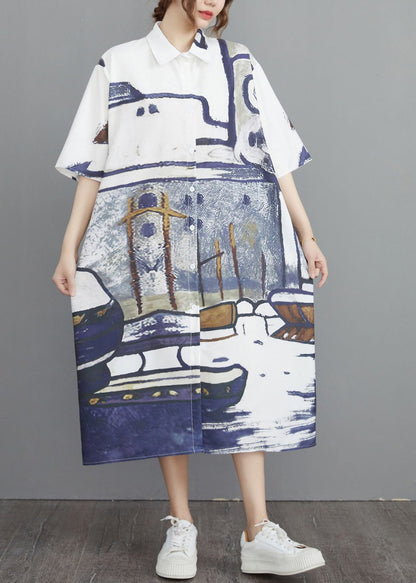 Print Summer Oversized Cotton Shirt Dresses Grey