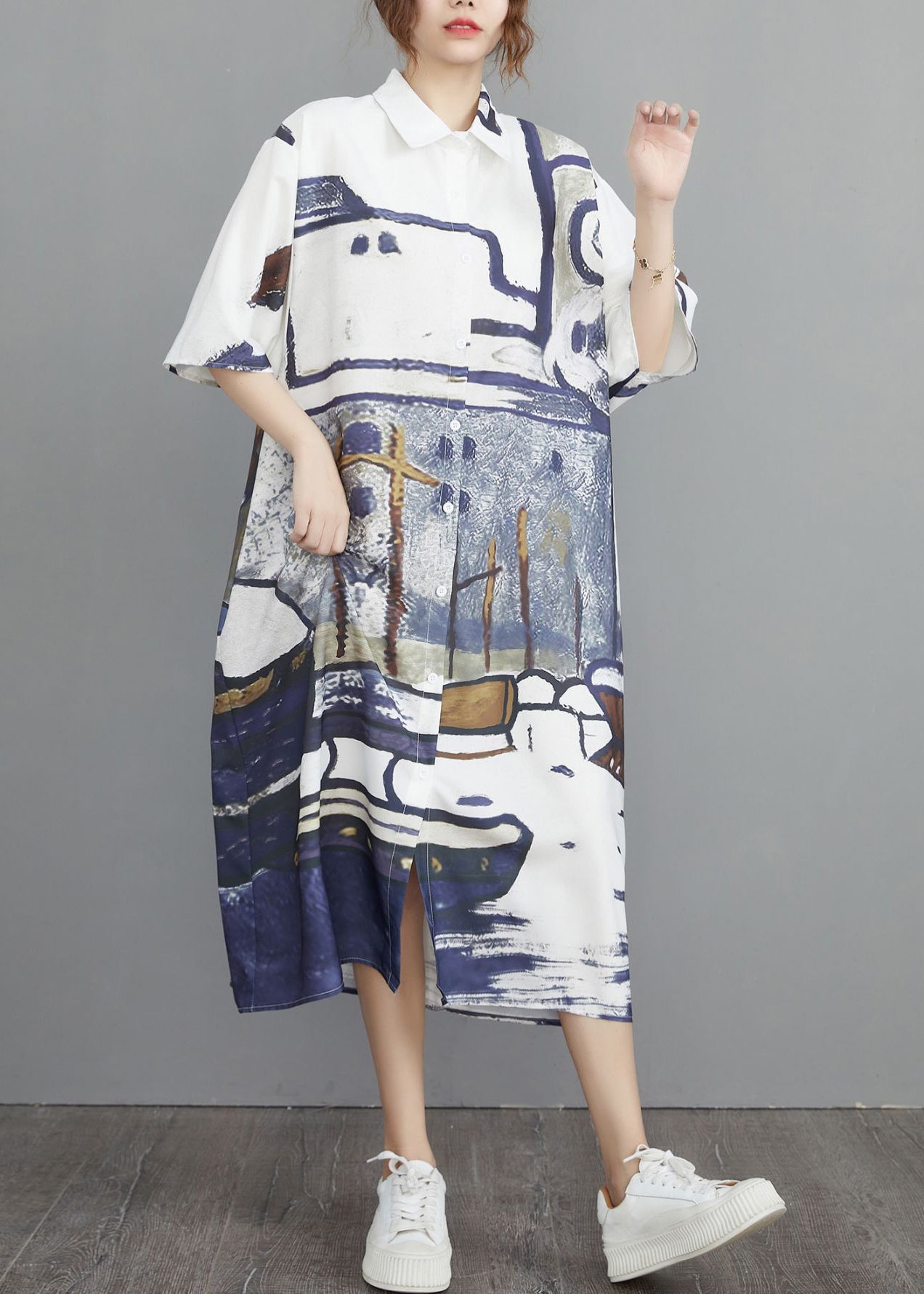 Print Summer Oversized Cotton Shirt Dresses Grey