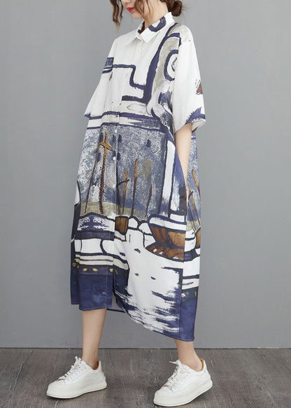 Print Summer Oversized Cotton Shirt Dresses Grey