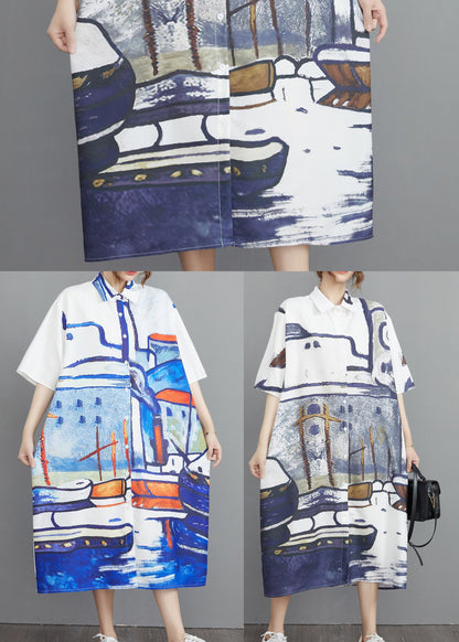 Print Summer Oversized Cotton Shirt Dresses Grey