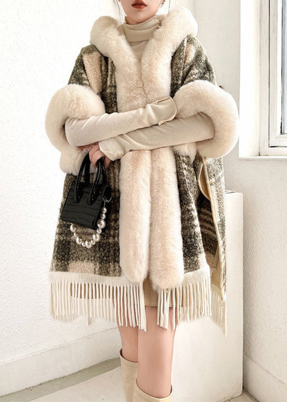 Grey Side Open Pockets Warm Fleece Cape Coat Fur Collar Half Sleeve YW007