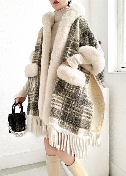 Grey Side Open Pockets Warm Fleece Cape Coat Fur Collar Half Sleeve YW007