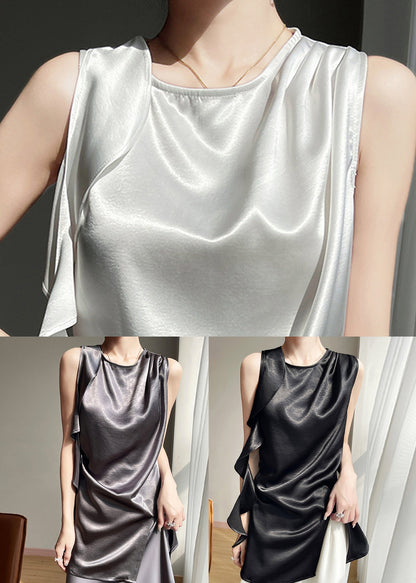 Side Open Sleeveless Tanks Silk Grey Ruffled