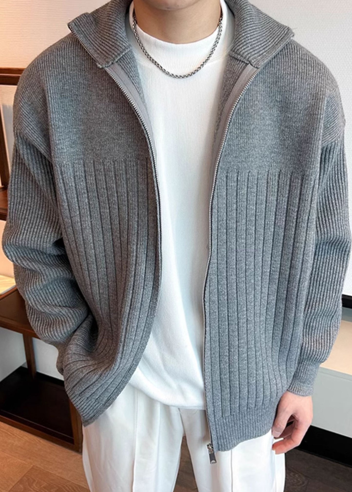 Solid Coat Spring Pan Peter Men Grey Knit Collar