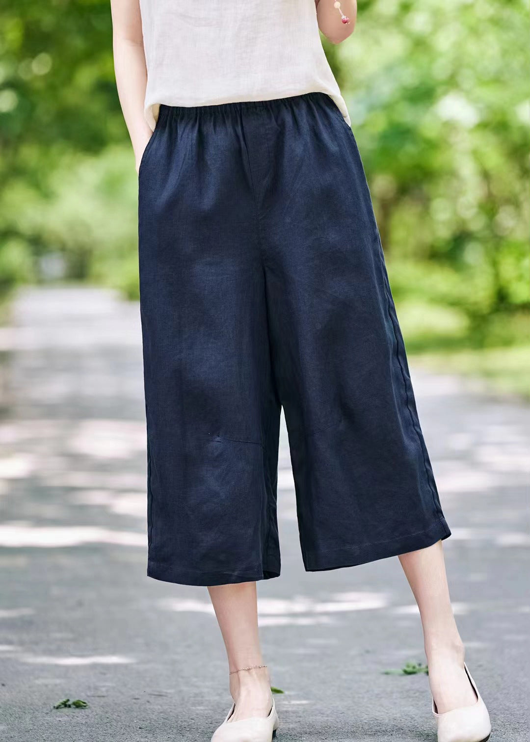 Wide Elastic Linen Summer Leg Pants Solid Waist Grey
