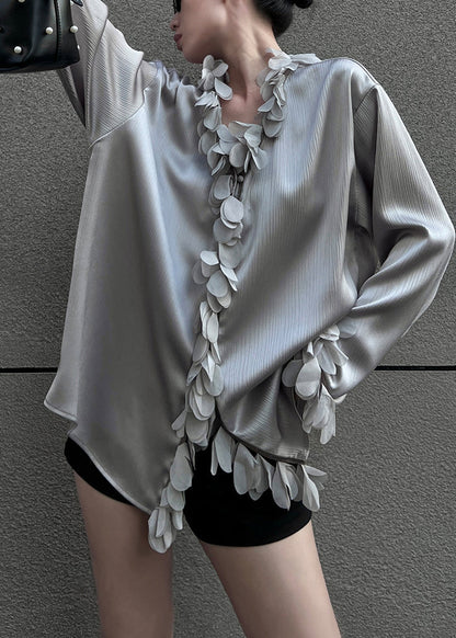 Petal Neck Blouses V Sleeve Grey Solid Loose Cotton