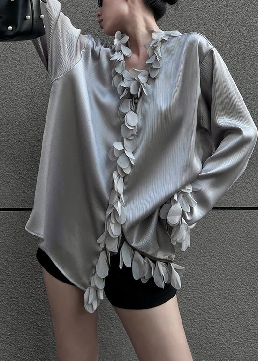 Petal Neck Blouses V Sleeve Grey Solid Loose Cotton